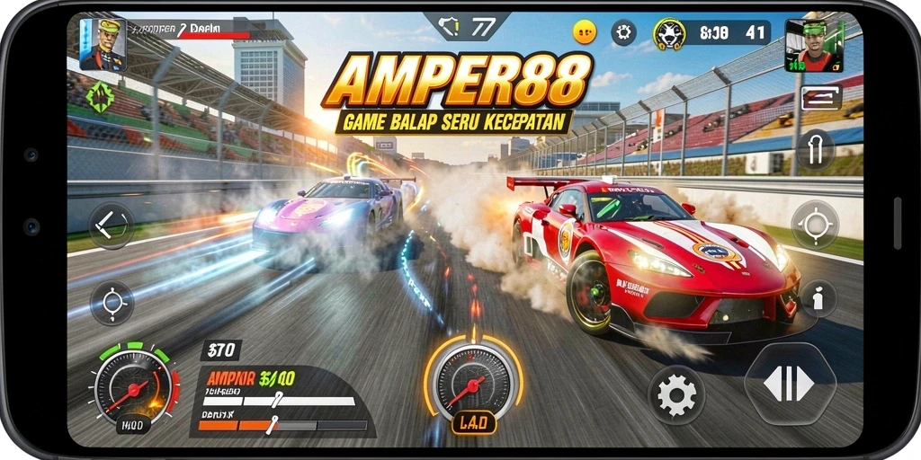 Screenshot gameplay AMPER88 menunjukkan balapan mendebarkan di lintasan dinamis.