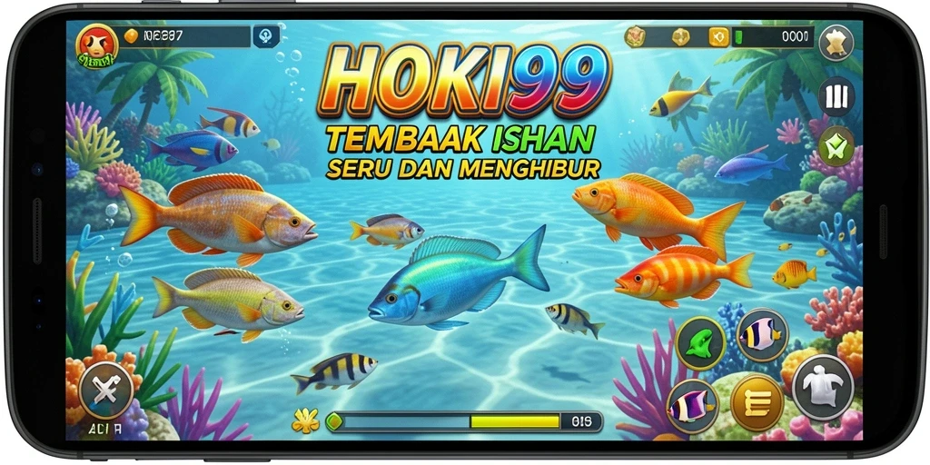 Tampilan gameplay seru di HOKI99 dengan aksi menembak ikan.