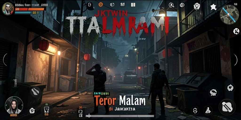 Screenshot gameplay JKTWIN menampilkan suasana horor yang mencekam
