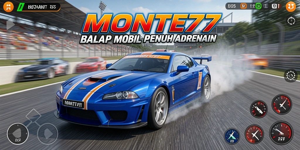 Tampilan gameplay seru di <strong>MONTE77</strong> dengan mobil balap yang melaju cepat.