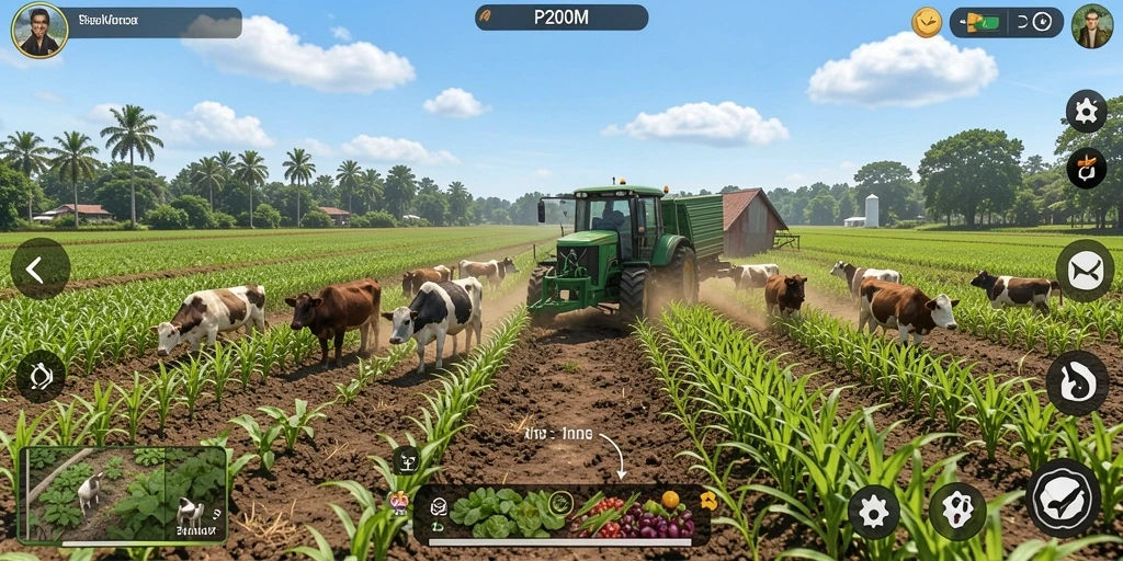 Tangkapan layar P200M menampilkan gameplay seru bertema Farming.