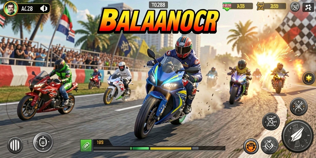 Tangkapan layar menunjukkan aksi balapan motor yang mendebarkan.