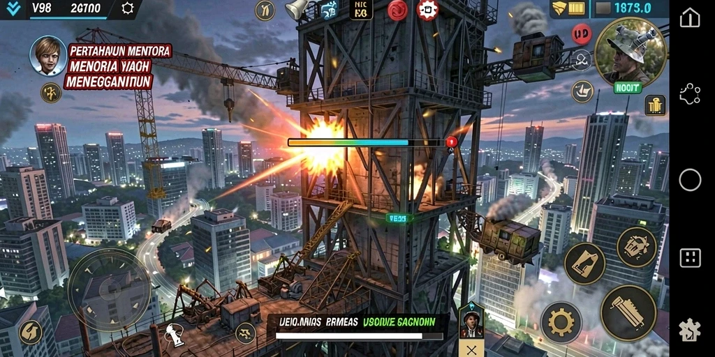 Tampilan gameplay menara pertahanan yang dinamis dan strategis di V98.